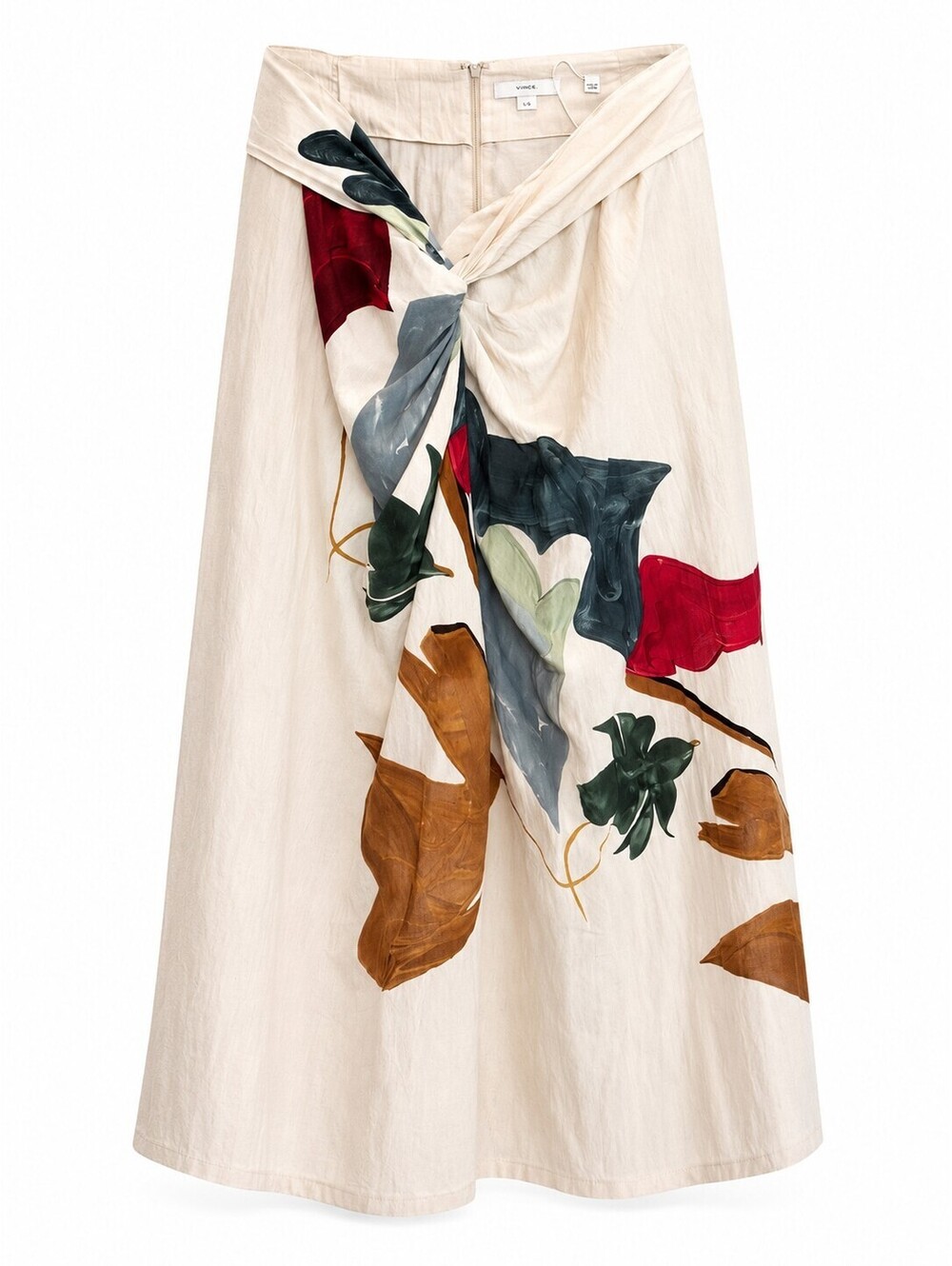 Vince Twist Knot Midi Skirt Size L Ivory Botanical Print Tencel Lyocell